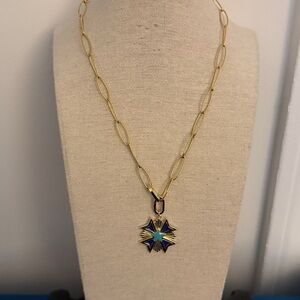 NWOT Gothic Blue & Turquoise Enamel Maltese Cross Pendant on Paper Clip Chain.